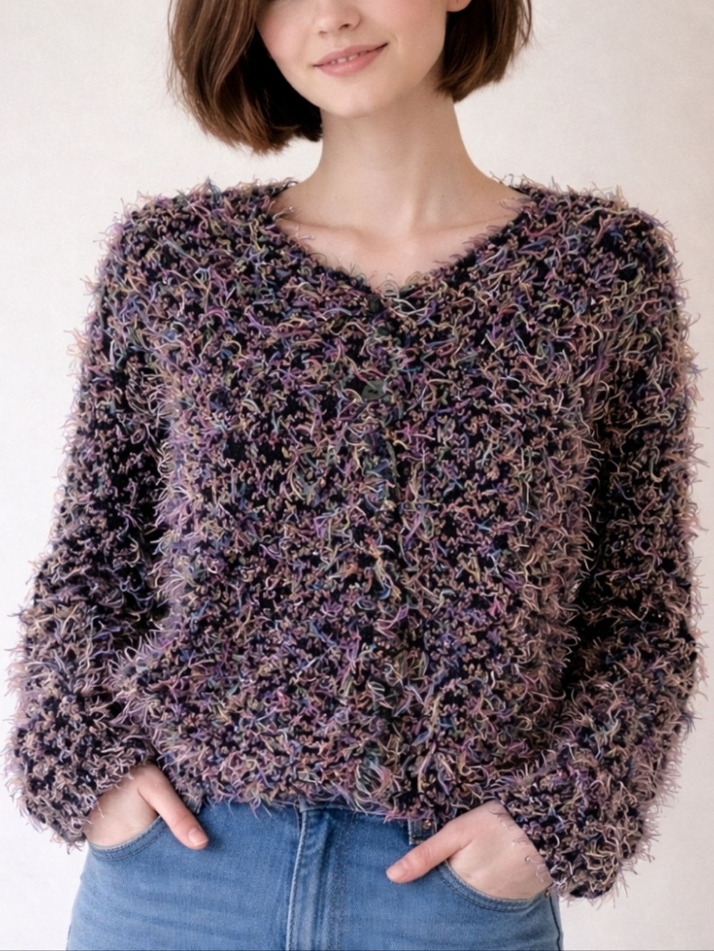 VTG 90s Y2K Mixit 3D Shaggy Fringe Eyelash Sweater Colorful Cardigan Medium